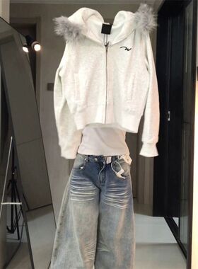 毛领短款修身双拉链开衫外套美式复古重磅白灰色休闲百搭连帽卫衣