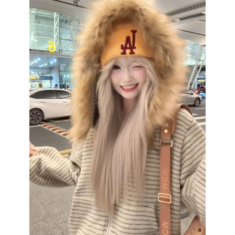 毛领复古秋冬加绒百搭条纹外套美式重磅拼接撞色设计感连帽卫衣女