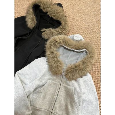 冬季可拆卸毛领设计感开衫外套浅灰色修身短款秋冬加绒连帽卫衣女