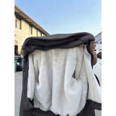 冬季加厚保暖羊羔绒开衫外套重磅深灰色复古秋冬加绒拉链连帽卫衣