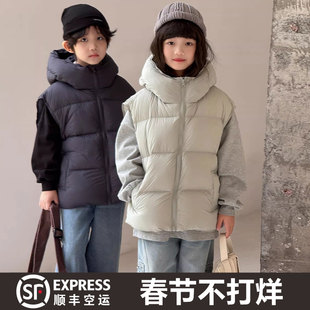 儿童羽绒马甲韩版泡芙款男童女童宝宝背心外穿连帽白鸭绒加厚坎肩
