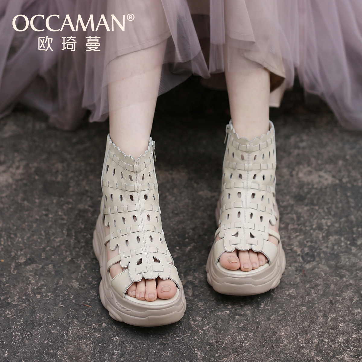 OCCAMAN/欧琦蔓厚底凉鞋女真皮增高纯色休闲夏款女款高帮松糕女鞋图片