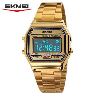 时刻美男士复古方形电子手表防水潮流时尚个性男女款钢带轻薄腕表