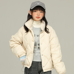 小女森女童秋冬经典菱形格立领羽绒服中大童白鸭绒保暖加厚外套女