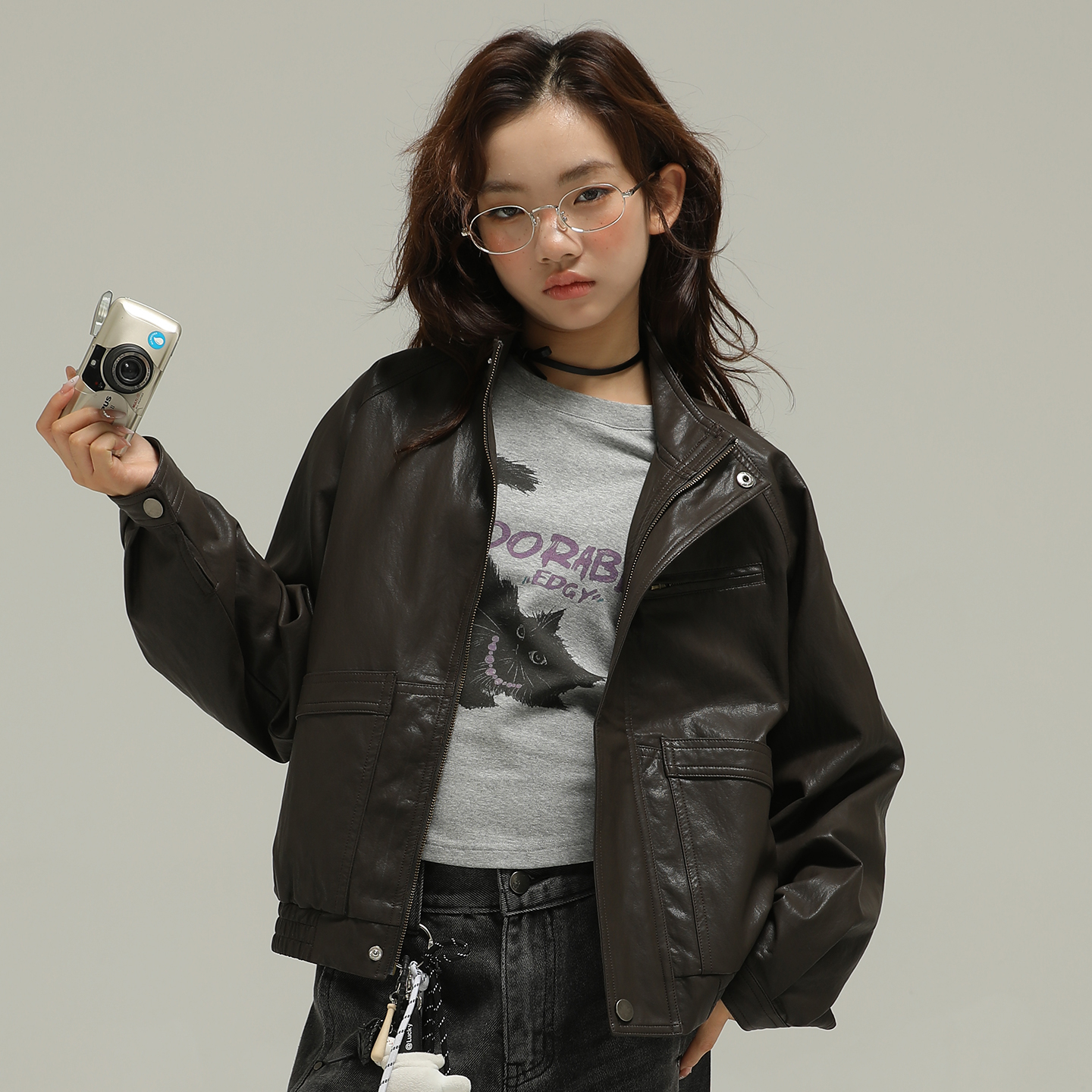 小女森女童春秋棕色皮衣宽松高级感机车服儿童经典皮夹克外套上衣