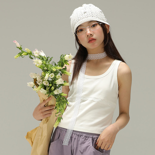 小女森女童夏季 上衣女 背心甜美蕾丝拼接吊带儿童纯色内搭薄款 无袖