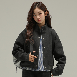 小女森女童秋冬厚款卫衣飞行员夹克立领棒球服中大童深灰宽松外套