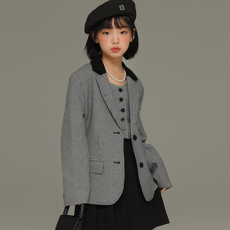小女森女童高级感格子西装春秋外套儿童洋气西服中大童秋冬上衣潮