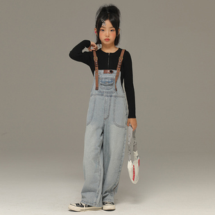 春装 子春秋长裤 新款 中大童洋气时髦裤 宽松背带裤 小女森女童牛仔裤