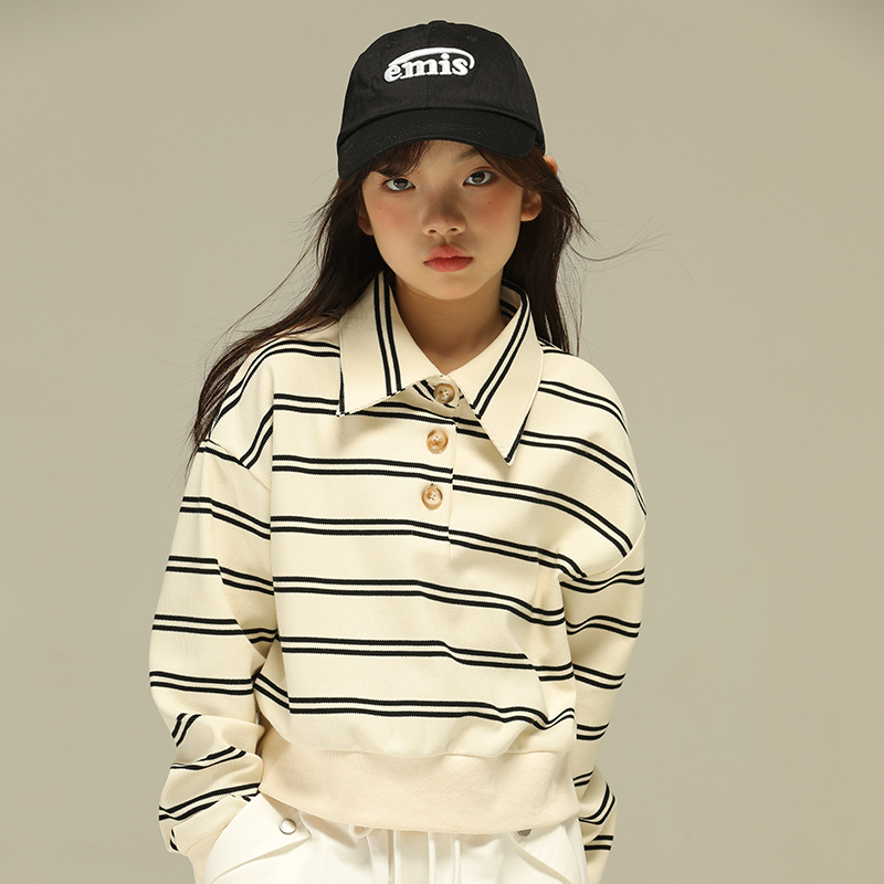 小女森春秋条纹翻领卫衣
