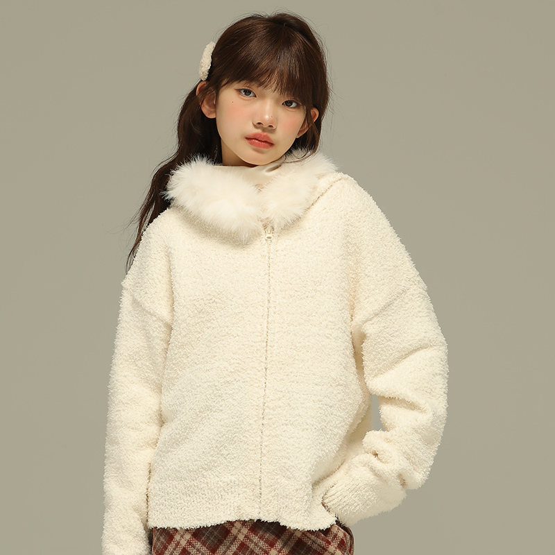 小女森女童秋冬毛衣厚款外套儿童奶杏毛领宽松连帽针织开衫上衣女