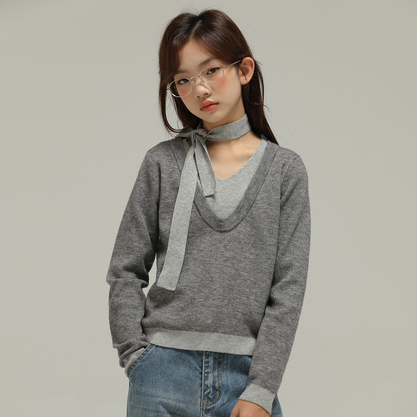 小女森女童春秋毛衣灰色假两件气质v领中大童针织打底衫内搭上衣