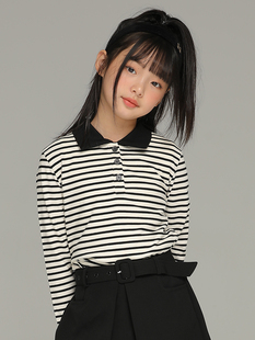 小女森女童春秋黑白条纹撞色Polo领针织衫儿童百搭打底衫长袖上衣