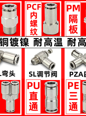 全铜镀镍耐高温耐高压PC/PL/PE全金属螺纹PY三通气动气管快速接头