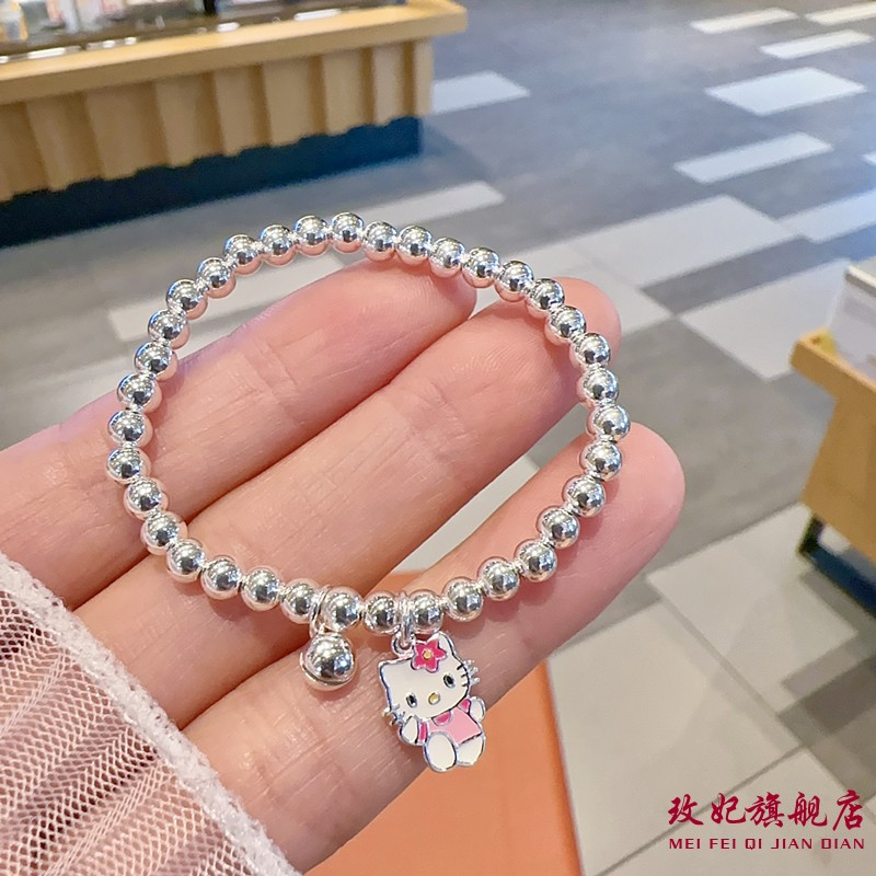 香港正生kt猫铃铛s925纯银手链女宝宝儿童学生中大童小孩银珠手串