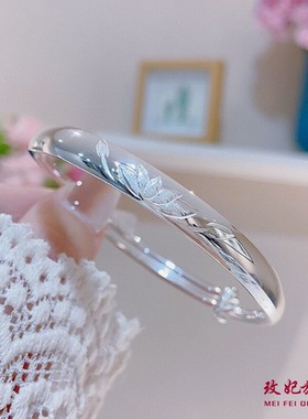 莲花平安福银手镯女简约百搭时尚