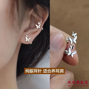 香港正生珍珠蝴蝶结小熊螺丝拧扣纯银耳钉女养耳免摘防过敏耳骨