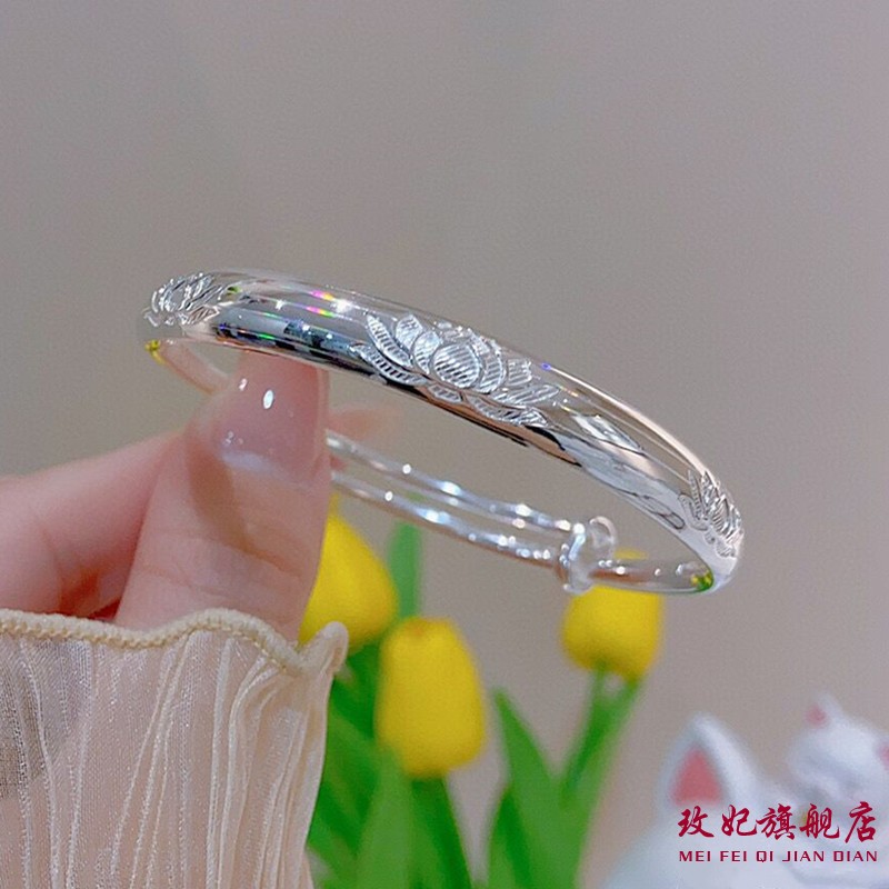 七彩莲花纯银手镯女简约时尚百搭
