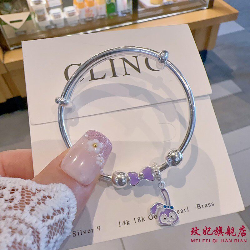 香港正生紫蝴蝶结小兔子纯银手镯足银9999小女孩学生中大童礼物