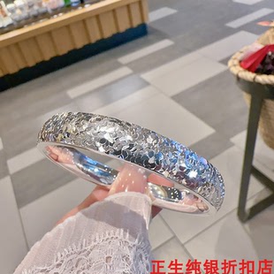 香港正生足银9999碎冰冰泥鳅背轮胎闭口纯银手镯新中式送女友礼物