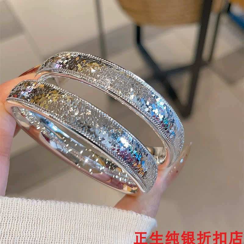 香港正生碎冰冰轮胎闭口宽版纯银手镯足银9999新中式时尚款送女友