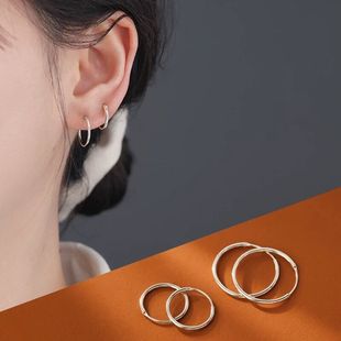 香港正生纯银925男女光面耳圈耳钉耳环小众百搭简约时尚素圈耳饰