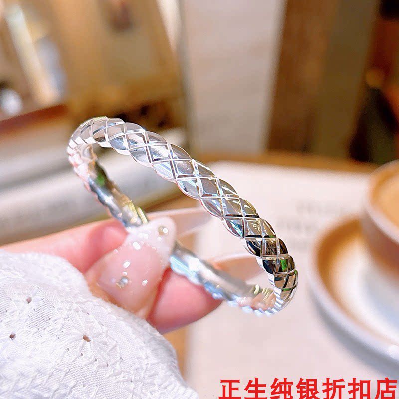 菱格纹纯银手镯女个性气质百搭