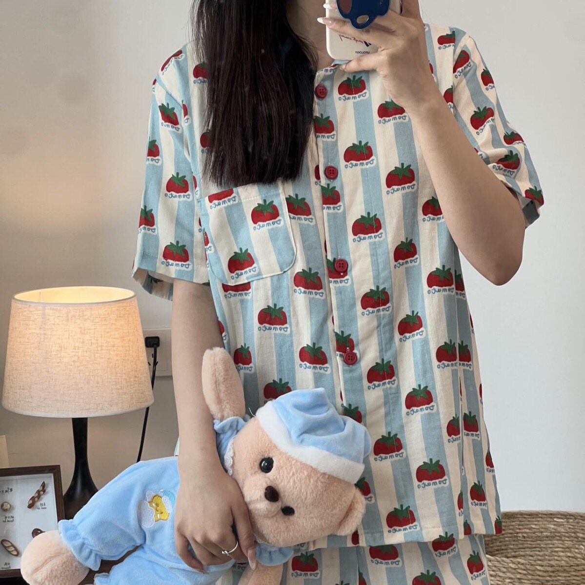 韩版甜美条纹西红柿ins可爱翻领短袖短裤睡衣女春季家居服套装
