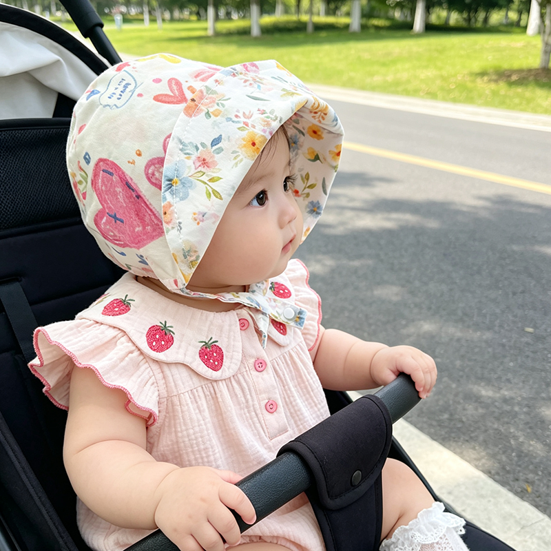 时尚婴儿帽子百搭春夏防晒防风遮阳护耳帽洋气韩版女宝宝包头帽潮