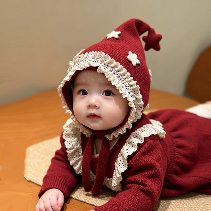 婴儿护耳帽红色星星保暖精灵帽秋冬女宝宝公主风周岁系带儿童帽子