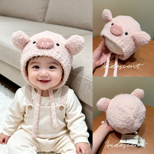 新生儿帽子可爱小猪毛绒帽婴儿宝宝秋冬防风保暖护耳帽出游百搭款