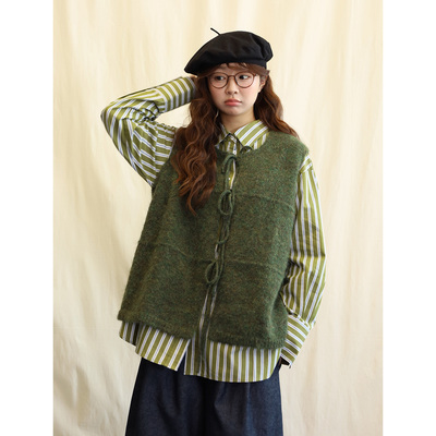 1.20日系绿色系带毛衣春日复古叠穿马甲