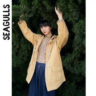 【清仓169两件】Seagulls日系格纹内衬连帽蝴蝶结装饰风衣