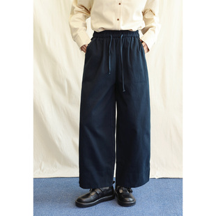 1.20日系藏蓝色压明线抽绳工装裤翻边直筒裤