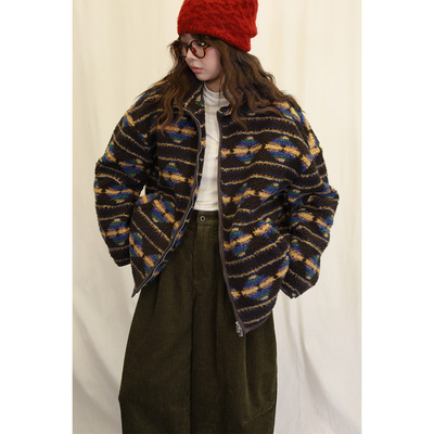 11.10日系游牧风复古橘棕菱形格羊羔毛民族风棉服