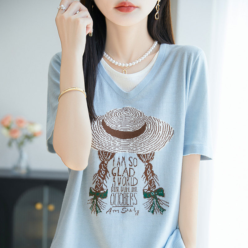 假两件V领短袖T恤女夏薄款宽松卡通印花针织上衣天丝亚麻休闲可爱