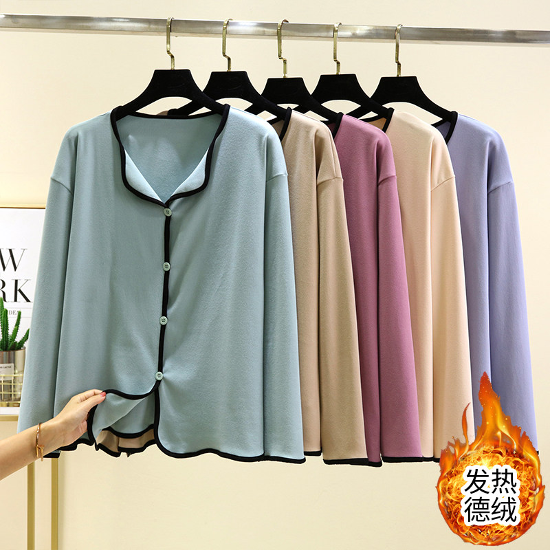 加绒保暖居家开衫女冬季德绒发热长袖家居服休闲加厚短外套上衣