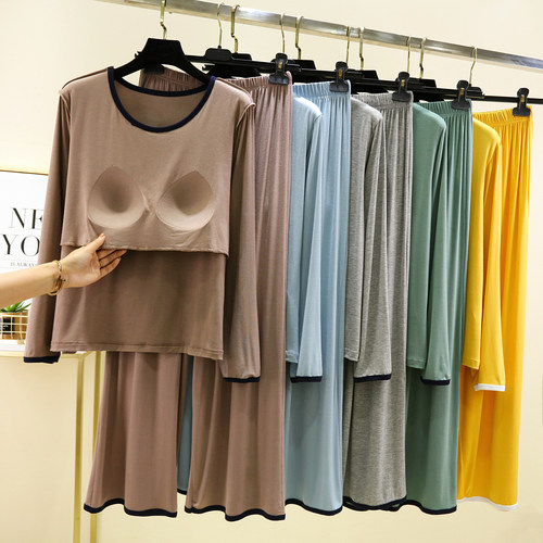 莫代尔胸垫款家居服套装女秋