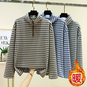 德绒宽松立领上衣女冬加厚保暖长袖 格子T恤大码 加绒休闲拉链上衣