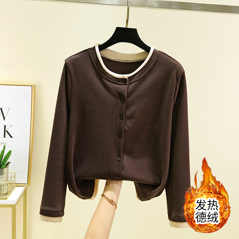 保暖开衫女秋冬德绒系扣上衣