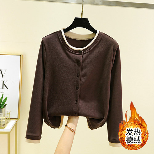 保暖开衫女秋冬德绒系扣上衣