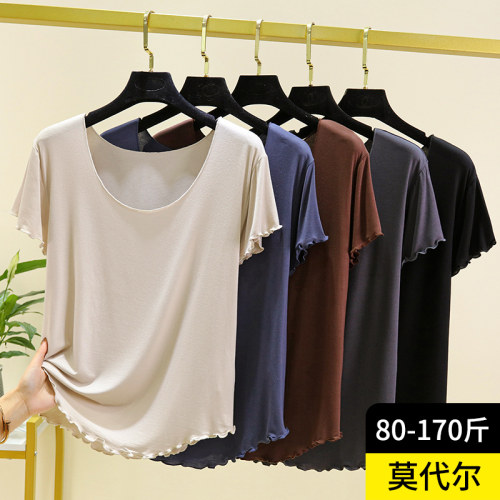 莫代尔飞边圆领T恤女夏季