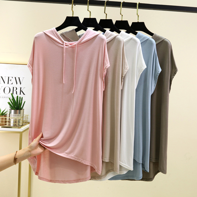 莫代尔宽松连帽短袖T恤女夏