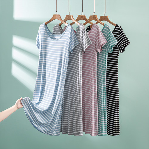 莫代尔圆领短袖条纹睡裙