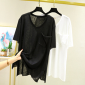 短袖 t恤女2025年夏季 新款 大码 纯棉宽松韩版 显瘦黑色休闲v领上衣