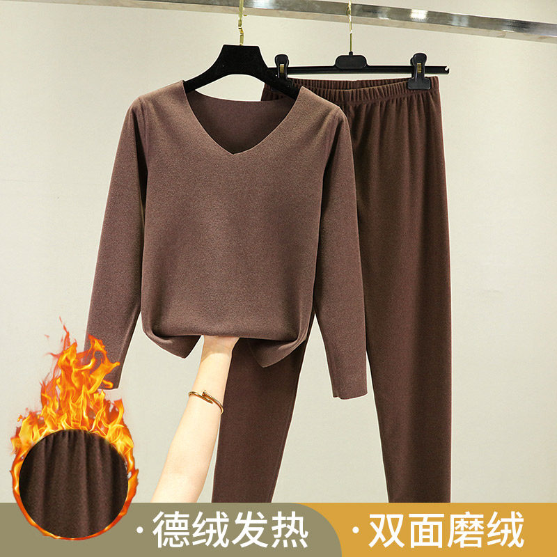 양면 벨벳 보온내의 세트 라지 사이즈 밀착되는 이너웨어 독일산 벨벳 발열 베이스 투피스 세트 브이넥 가을 코트 가을 바지