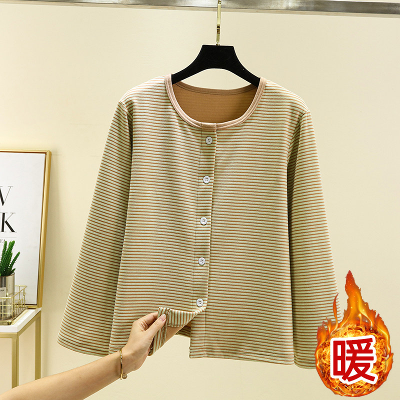 冬季新款德绒条纹开衫女加厚圆领单排扣上衣大码加绒长袖睡衣上装