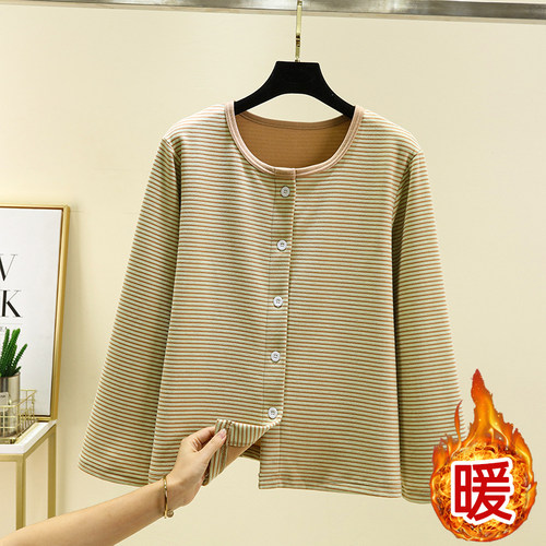 冬季新款德绒条纹开衫女