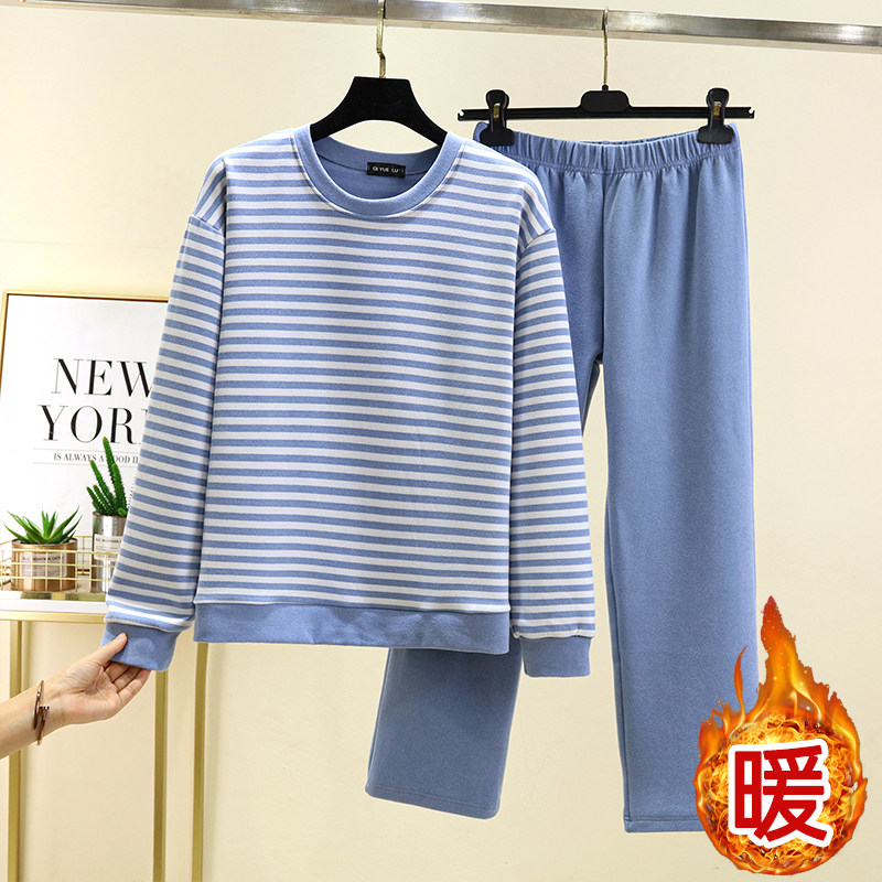 德绒宽松圆领家居服套装女冬加绒加厚条纹睡衣休闲大码居家两件套
