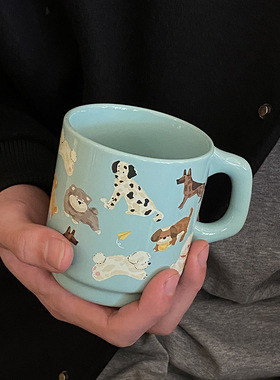 ins薄荷脑袋小狗陶瓷马克杯 创意卡通修勾咖啡杯春天水杯 340ml